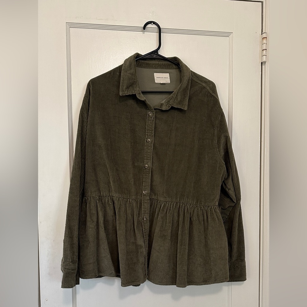 Olive Green Corduroy Peplum Flannel Shirt American Eagle
